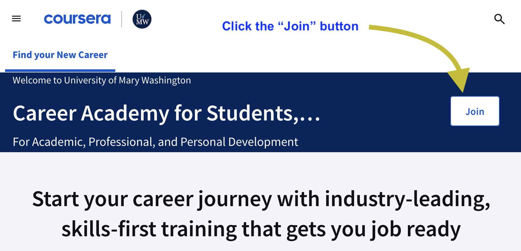 Screenshot of the UMW Career Academy page with the "Join" button that should be clicked.